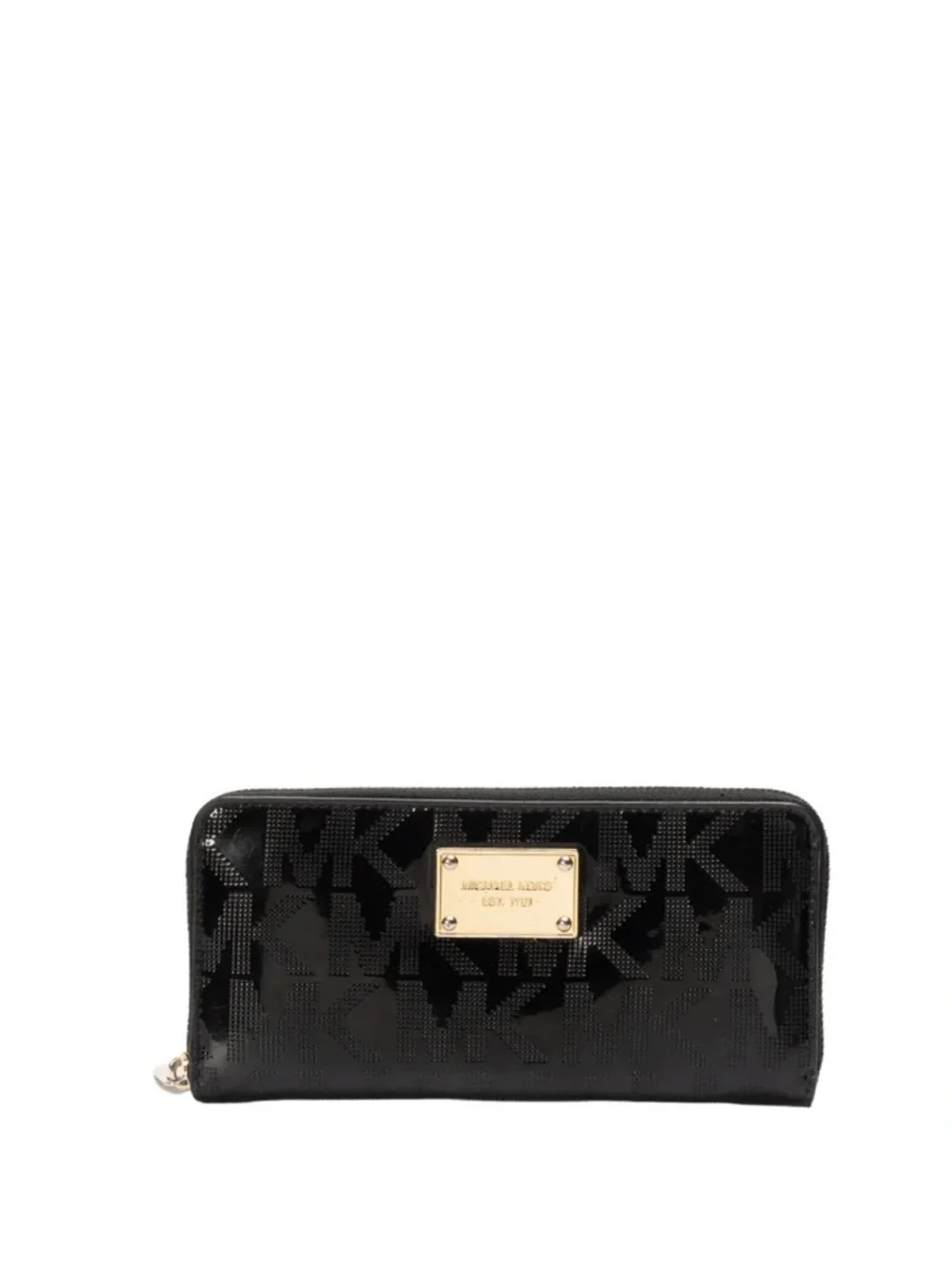 Michael Kors Black Patent Zip-Around Wallet with Gold Plaque